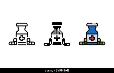 Medizin-Symbol. Vektorsymbol mit Kontur, Glyphe und gefülltem Konturstil. Dargestellt durch eine Arzneimittelflasche und Kapseln. Gesundheitskonzept Stock Vektor