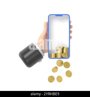 Mockup Des Symbols Für Zeichentrickgesten. Cartoon Hand mit Telefon und Münzen fallen. Cashback und Punkte. Konzept der mobilen Finanzanwendung und Banking.3D-Rendering Stockfoto