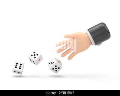 Der Mann wirft Würfel. Vorlage für Glücksspiele. Würfelwürfel werfen. Rote Würfel auf dem Tisch. Mann eifriger Mensch. Spielerkonzept. Wiedergabe in Hand.3D-Rendering auf weiß Stockfoto