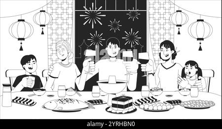 Chinesisches Neujahrstreffen Dinner mit schwarzer und weißer Linie Stock Vektor
