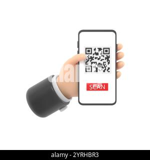 3D-Cartoon-Rendering weibliche Hand hält das Smartphone und nutzt den mobilen App-Service mit Scan QR-Code-Banner-Design. Technologie und Geschäftskonzept.3D-Renderin Stockfoto