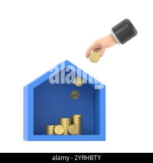 3D Immobilien und Münzhandhaltung . 3D-Geldeinsparung für Kredithäuser, Immobilienkonzept der Finanzen, Geld sparende Investition. 3D-Stapel Münzen und A Stockfoto