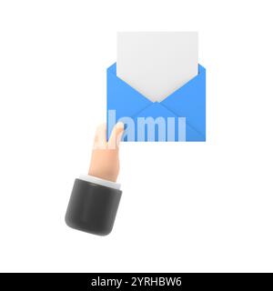 Der Umschlag wird in der Hand gehalten. E-Mail-Nachricht Konzept, senden. Der Postbote gibt einen Brief. Zustellung von Nachrichten.3D-Illustration flache Konstruktion. E-Mail, korrespo Stockfoto