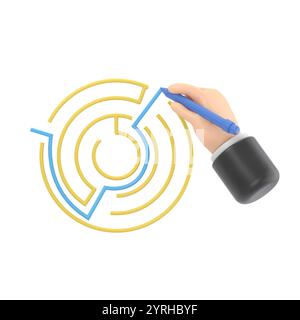 Finden Sie einen Ausweg. Verlassen Sie das Kreislabyrinth. Mann mit Stiftkabel Linie aus Labyrinth.3d Illustration flach Design. Erfolgreiche Lösung verwirrt das Geschäft. Verdünnt Stockfoto
