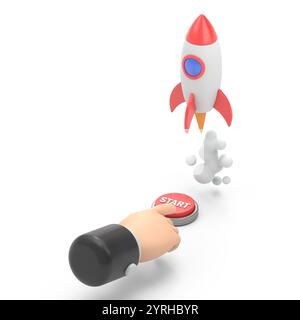 Mockup Des Symbols Für Zeichentrickgesten. Die flache 3D-Isometrie des Geschäftsmannes drückt die Starttaste, um eine Weltraumrakete zu starten. Business-Start-up Concept.3D-Rendering Stockfoto