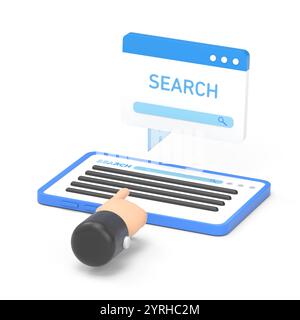 Mockup Des Symbols Für Zeichentrickgesten. Flache 3D-Isometrie Geschäftsmann Hand Verwenden Sie Tablet, um Suchbegriffe in der Suchmaschine zu suchen. Keyword Research und seo Concept.3D r Stockfoto