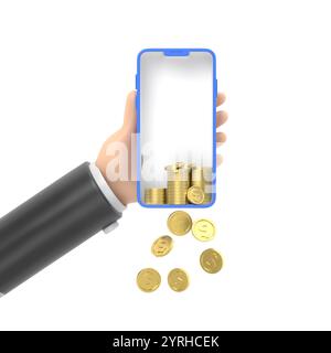Mockup Des Symbols Für Zeichentrickgesten. Cartoon Hand mit Telefon und Münzen fallen. Cashback und Punkte. Konzept der mobilen Finanzanwendung und Banking.3D-Rendering Stockfoto