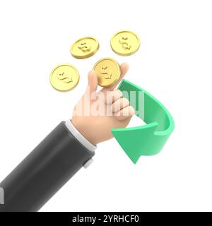 Zeichentrickgeste Symbol Mockup.3D Hand Münze mit Pfeil. Cashback-Konzept. Geld für Online-Einkäufe zurückgeben. Cash-Back-Angebot. Erstattung für Einkäufe Stockfoto