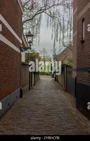 Eine enge Kopfsteinpflasterallee, flankiert von Ziegelgebäuden, mit einer Vintage-Laterne an der linken Wand, Bäumen im Hintergrund und einem bewölkten Himmel über dem Kopf, Stockfoto