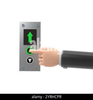 Geschäftsmann drückt den Lift-Knopf. Flache 3D-Illustration. Rufen Sie den Fahrstuhl an. Pfeil nach oben. Steigen Sie in die oberste Etage. Finger auf die Schaltfläche.3D-Rendering ein Stockfoto