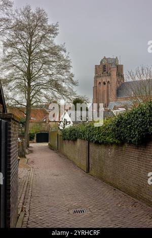 Eine kopfsteingepflasterte Gasse, die von Backsteinmauern eingerahmt ist, führt zu einem Blick auf einen historischen Kirchturm. Efeu-bedeckte Wände und malerische Häuser verleihen Charme unter einem bewölkten Himmel Stockfoto