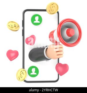 Zeichentrick Gesture Symbol Mockup.3d Konzept für Freunde verweisen. Cartoon Hand hält Megaphon Illustration .3d Partnerschaft Marketing in Social Media.3D Rendering Stockfoto