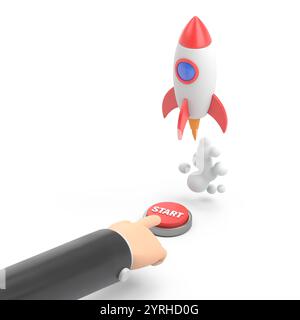 Mockup Des Symbols Für Zeichentrickgesten. Die flache 3D-Isometrie des Geschäftsmannes drückt die Starttaste, um eine Weltraumrakete zu starten. Business-Start-up Concept.3D-Rendering Stockfoto