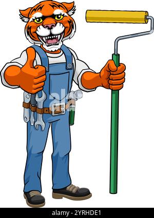 Rhino Malermalerei Malerwalze Maskottchen Mann Stock Vektor