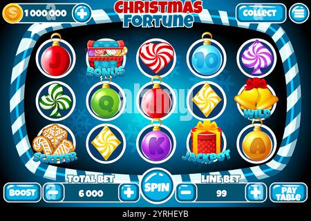 Casino-Spielautomat, Spiel-UI-Design, Glücksspiel-App-Konzept für das Weihnachtsspiel oder Bonbons-Casino-Spiel. Die Benutzeroberfläche des Slotspiels mit Stock Vektor