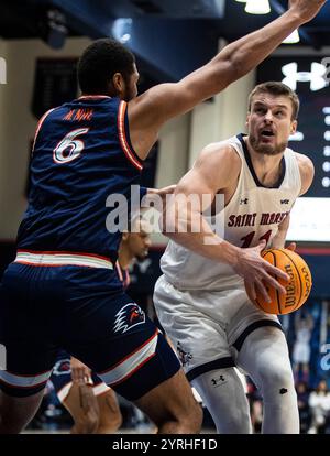 Dezember 2024 Moraga, CA USA Saint Marys Center Mitchell Saxen (11) fährt während des NCAA Men's Basketball Spiels zwischen UTSA Roadrunners und den Saint Marys Gaels zum Basketball. Saint Marys schlug UTSA 82-74 im University Credit Union Pavilion Moraga Calif Thurman James/CSM Stockfoto