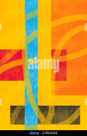 Lebendiger abstrakter Hintergrund mit geometrischen Mustern in kräftigen Farben und strukturiertem Überzug, perfekt für künstlerische Projekte und moderne Designelemente Stockfoto