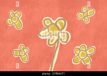 Erfreuen Sie sich an dieser abstrakten Illustration mit verspielten Blumen vor einem warmen, strukturierten Hintergrund. Die gelben und orangen Farbtöne sorgen für eine gemütliche und fröhliche Atmosphäre Stockfoto