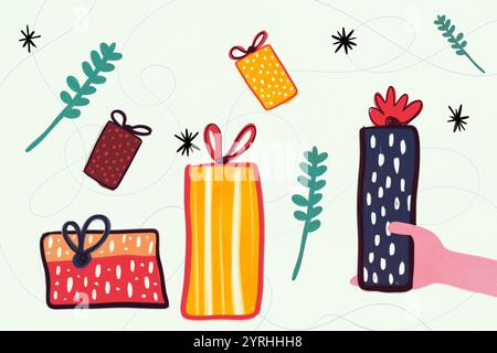 Eine verspielte Illustration, die verschiedene Geschenke im Winterstil präsentiert, umgeben von organischen Elementen auf einem subtilen abstrakten Hintergrund Stockfoto