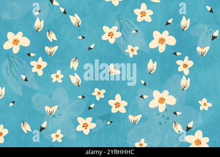 Ein nahtloses Blumenmuster mit weißen Blüten und Knospen auf einem strukturierten blauen Hintergrund. Ideal für Textil-, Tapeten- oder Digitaldesign, um eine zu ergänzen Stockfoto