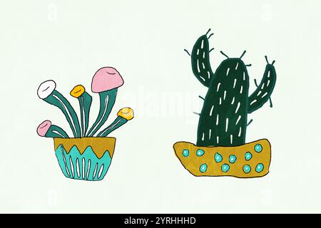 Dieses Bild zeigt stilisierte Illustrationen eines dunkelgrünen Kaktus und bunter Pilze, jeweils in dekorativen Töpfen vor einem weichen, hellen Hintergrund Stockfoto
