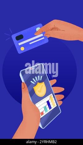 Abbildung: Hände, die eine Kreditkarte und ein Smartphone für sicheres Online-Shopping verwenden. Auf dem Bildschirm des Telefons werden ein Sicherheitsschild und eine finanzielle Gra angezeigt Stockfoto