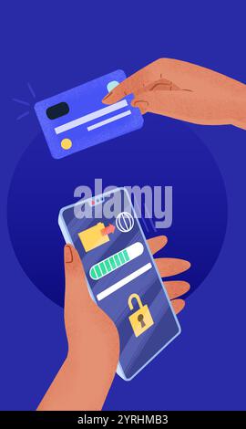 Farbenfrohe Abbildung einer Hand, die ein Smartphone mit einem digitalen Fortschrittsbalken hält, und einer anderen Hand, die eine Kreditkarte hält, stellt Online-Shopping und dar Stockfoto