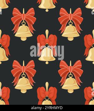 Festliches nahtloses Muster mit Glocken mit roten Schleifen auf dunklem Hintergrund in flachem Stil. Weihnachtliche Textur mit Glocken für Geschenkpapier. Hintergrundbild zu Feiertagen Stock Vektor