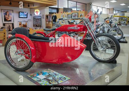 Ein 2009 knallroter Custom Harley Davidson Racer mit einem Beiwagen, ausgestellt im Motorcycle Museum in Newburgh, New York. Stockfoto
