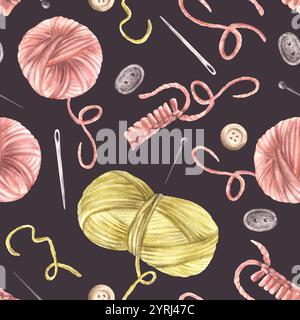 Stricken, Handarbeiten nahtlose Muster von Garnen, Holz und Nadeln, Nadeln, Knöpfen. Kugeln aus Wolle gehäkelt, Hobbystoff, Verpackung. Aquarell Stockfoto