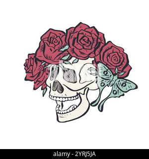 Hand gezeichneter blumiger menschlicher Schädel mit Rosenkranz isoliert auf weißem Hintergrund Stock Vektor
