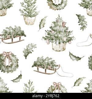 Nahtloses Aquarellmuster von Weihnachtsbäumen Stockfoto