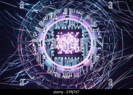 Viele Drähte und Kabel sind mit einer High-Tech-Zentraleinheit mit Neonlicht verbunden. CPU-, GPU-, NPU- und KI-Chips Stockfoto