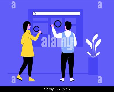 Zwei Personen, die eine Lupe verwenden, um online über die Suchleiste auf einem großen interaktiven Bildschirm nach Informationen zu suchen. Konzept der Teamwork-Online-Forschung und Stock Vektor