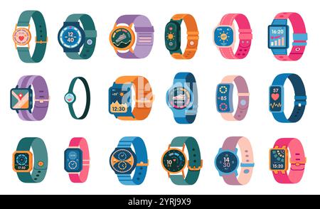 Intelligente Uhren mit verschiedenen bunten digitalen Displays. Smartwatches mit Funktionen für Gesundheit, Fitness und Aktivitäten. Ideal für Technik und Lifestyle Stock Vektor
