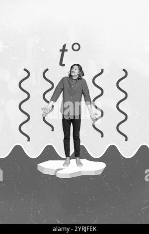 Vertikales Collagenbild eines schwarzen weißen Gamma-ahnungslosen Mannes Schultern zucken mit schmelzendem Eis Temperaturanstieg Stockfoto