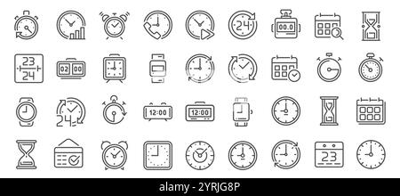 Zeilensymbole, Uhren, Timer und Kalender, Sanduhren. Ideal für Planung, Zeitmanagement und Organisationsprojekte. Verschiedene Uhr und Uhrzeit Stock Vektor