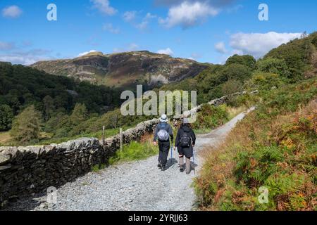 Zwei ausländische Touristen genießen die Landschaft zwischen Hodge Close Steinbruch und Little Langdale nördlich von Coniston im Lake District Nationalpark. Stockfoto