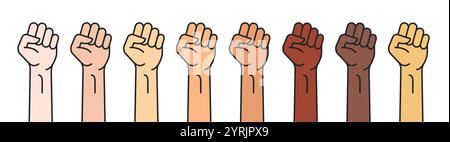 Erhöhte Fäuste in verschiedenen Hauttönen symbolisieren Einheit und Ermächtigung. Illustration für Vielfalt, Gleichheit und Solidarität. Stock Vektor