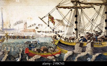 Die Boston Tea Party war ein politischer und kaufmännischer Protest der Sons of Liberty in Boston am 16. Dezember 1773 im kolonialen Massachusetts.[2] Ziel war der Tea Act vom 10. Mai 1773, der es der East India Company erlaubte, Tee aus China in amerikanischen Kolonien zu verkaufen, ohne Steuern zu zahlen, die von den Townshend Act auferlegt wurden. Die Sons of Liberty, einige als Indianer getarnt, zerstörten eine ganze Teesendung, die von der East India Company geschickt wurde. Stockfoto