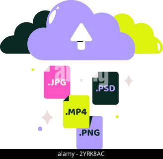 Cloud-Upload Von Mediendateien In Flat Vector Illustration, Die Cloud-Speicherung, Datensicherung Und Dateifreigabe Symbolisiert, Isoliert Auf Weißem Hintergrund. Stock Vektor