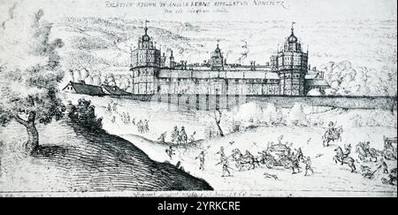 Nonsuch Palace von Joris Hoefnagel. Topographische Zeichnung von Tudor und Stuart England. Joris Hoefnagel oder Georg Hoefnagel (1542 -1601) war ein flämischer Maler, Grafiker, Miniaturist, Zeichner und Kaufmann. Er ist bekannt für seine Illustrationen zu naturgeschichtlichen Themen, topographischen Ansichten, Illuminationen und mythologischen Werken. Stockfoto