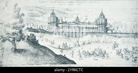 Nonsuch Palace von Joris Hoefnagel. Topographische Zeichnung von Tudor und Stuart England. Joris Hoefnagel oder Georg Hoefnagel (1542 -1601) war ein flämischer Maler, Grafiker, Miniaturist, Zeichner und Kaufmann. Er ist bekannt für seine Illustrationen zu naturgeschichtlichen Themen, topographischen Ansichten, Illuminationen und mythologischen Werken. Stockfoto