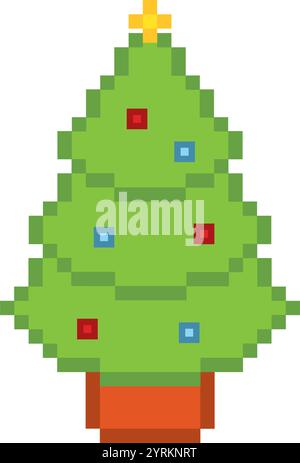 Pixelart Weihnachtsbaum mit Dekorationen Vektor Stock Vektor