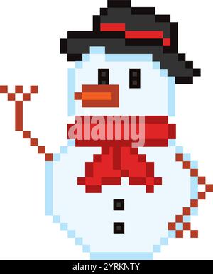Pixel Art Schneemann mit rotem Schal und Hut Vektor Stock Vektor