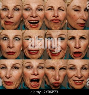 Sammlung von Nahaufnahmen älterer Frauen mit dramatischen Gesichtsausdrücken. Vom Zwinkern bis zum Lachen im Mund. Stockfoto