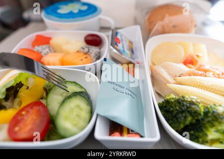 BANGKOK, THAILAND - 09. JANUAR 2019: Essen auf einem Tablett in der Economy Class auf Emirates A380-800. Emirates ist einer der beiden Flaggenträger der Uni Stockfoto