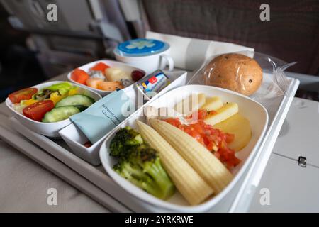 BANGKOK, THAILAND - 09. JANUAR 2019: Essen auf einem Tablett in der Economy Class auf Emirates A380-800. Emirates ist einer der beiden Flaggenträger der Uni Stockfoto