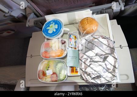 BANGKOK, THAILAND - 09. JANUAR 2019: Essen auf einem Tablett in der Economy Class auf Emirates A380-800. Emirates ist einer der beiden Flaggenträger der Uni Stockfoto