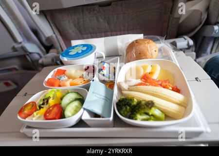 BANGKOK, THAILAND - 09. JANUAR 2019: Essen auf einem Tablett in der Economy Class auf Emirates A380-800. Emirates ist einer der beiden Flaggenträger der Uni Stockfoto